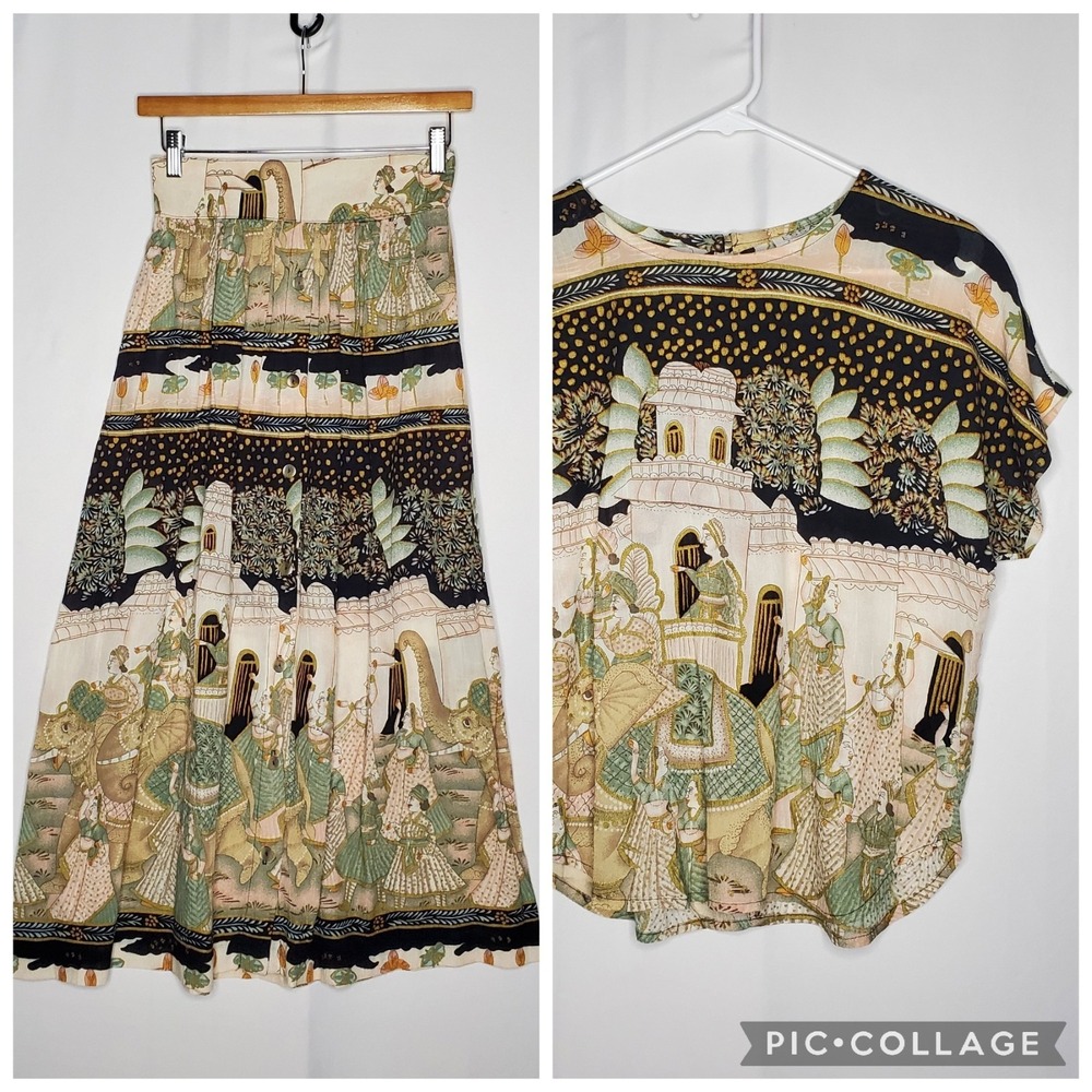 Essay By Sharon Anthony 90s Asian Skirt Set XS Gauze Crinkle Artsy Quirky Retro